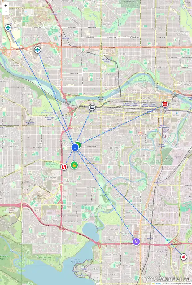 Daily accessibility map for 2115 26 AV SW, Calgary showing nearby schools, grocery stores, parks, LRT stations and nearby amenities
