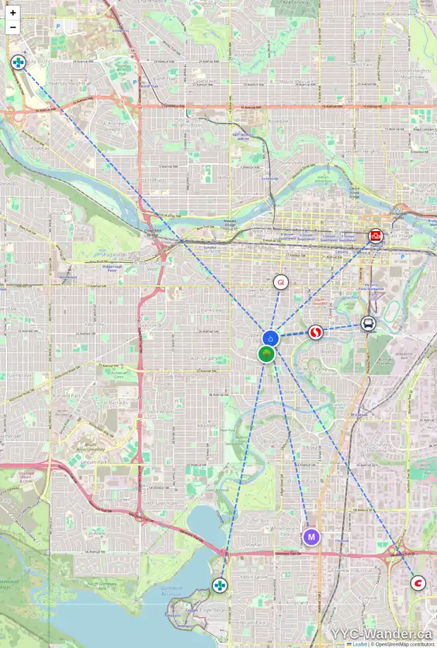 Daily accessibility map for 1012 FRONTENAC AV SW, Calgary showing nearby schools, grocery stores, parks, LRT stations and nearby amenities