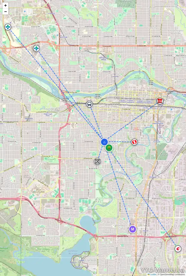 Daily accessibility map for 1318 FRONTENAC AV SW, Calgary showing nearby schools, grocery stores, parks, LRT stations and nearby amenities