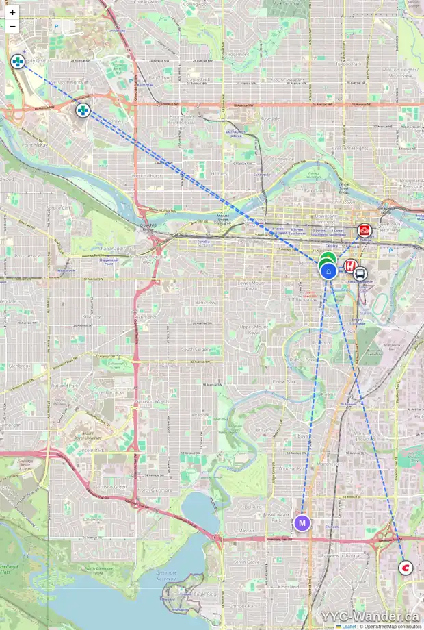 Daily accessibility map for 201 215 14 AV SW, Calgary showing nearby schools, grocery stores, parks, LRT stations and nearby amenities
