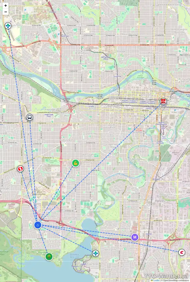 Daily accessibility map for 3444 LANE CR SW, Calgary showing nearby schools, grocery stores, parks, LRT stations and nearby amenities