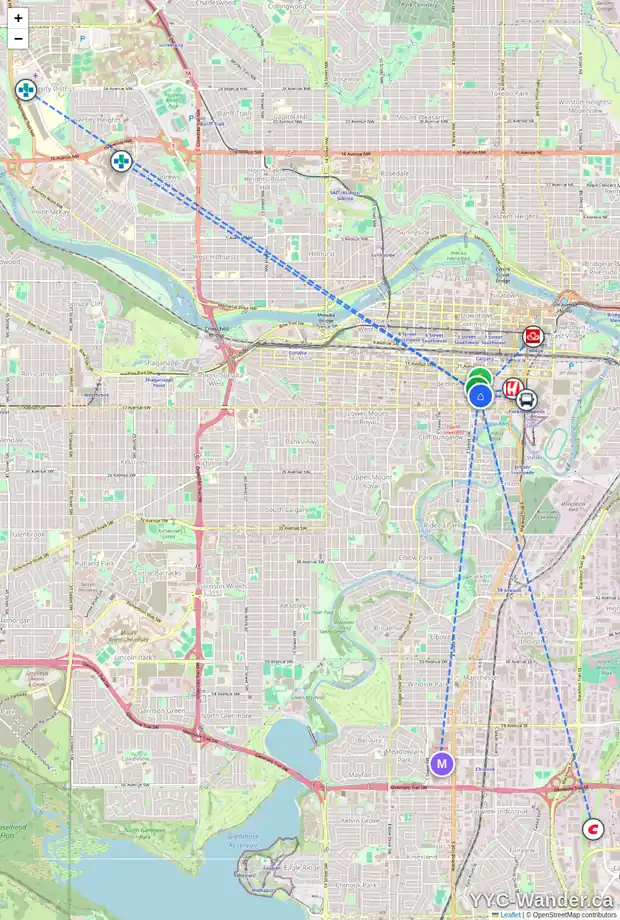 Daily accessibility map for 703 215 14 AV SW, Calgary showing nearby schools, grocery stores, parks, LRT stations and nearby amenities