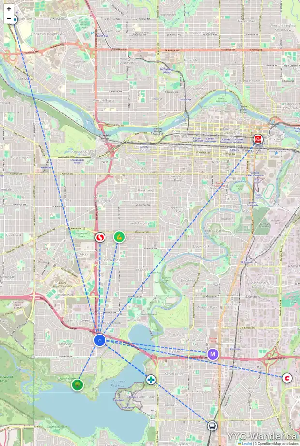 Daily accessibility map for 6403 LOMBARDY CR SW, Calgary showing nearby schools, grocery stores, parks, LRT stations and nearby amenities