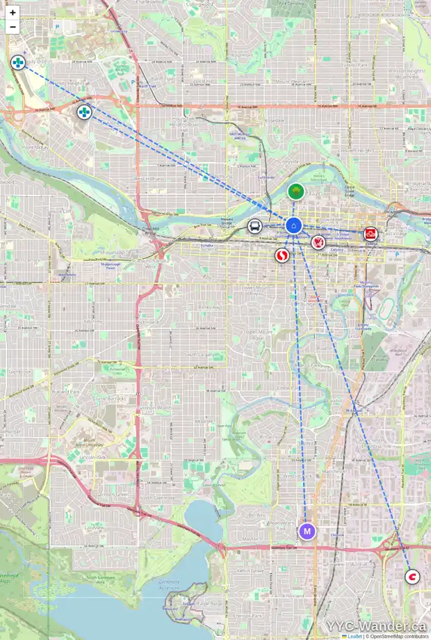 Daily accessibility map for 1904 727 6 AV SW, Calgary showing nearby schools, grocery stores, parks, LRT stations and nearby amenities
