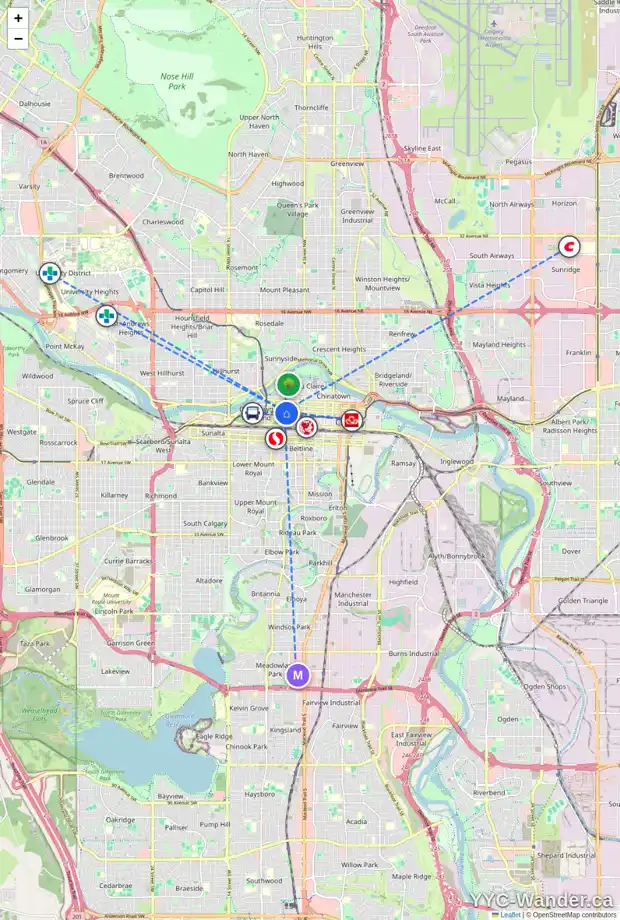 Daily accessibility map for 2103 727 6 AV SW, Calgary showing nearby schools, grocery stores, parks, LRT stations and nearby amenities