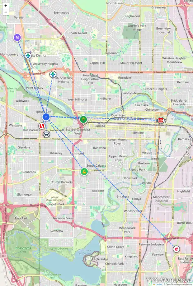 Daily accessibility map for 2 TAMARAC CR SW, Calgary showing nearby schools, grocery stores, parks, LRT stations and nearby amenities