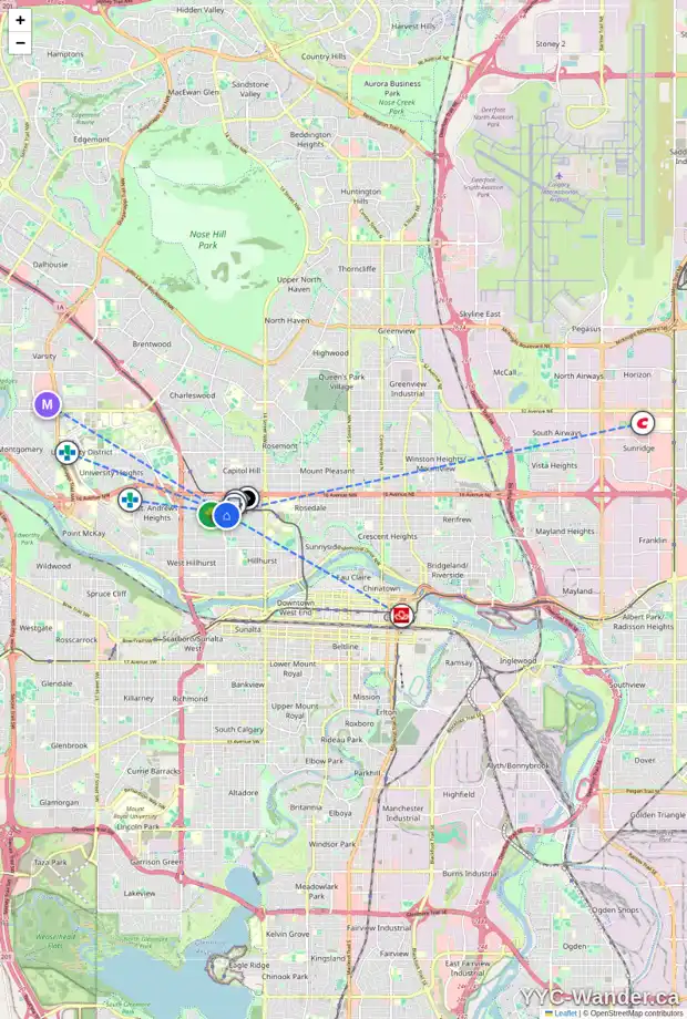 Daily accessibility map for 1308 19 ST NW, Calgary showing nearby schools, grocery stores, parks, LRT stations and nearby amenities