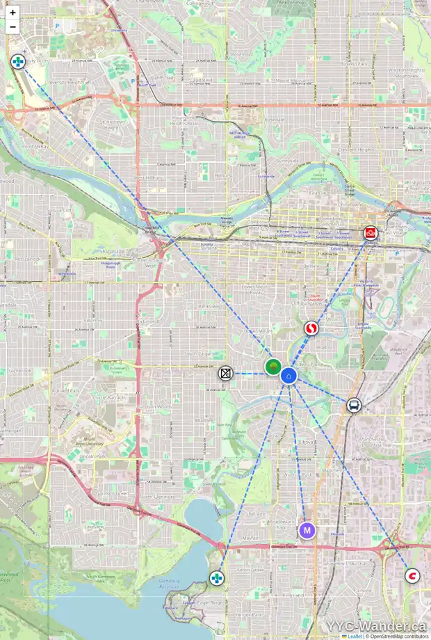 Daily accessibility map for 3618 6 ST SW, Calgary showing nearby schools, grocery stores, parks, LRT stations and nearby amenities