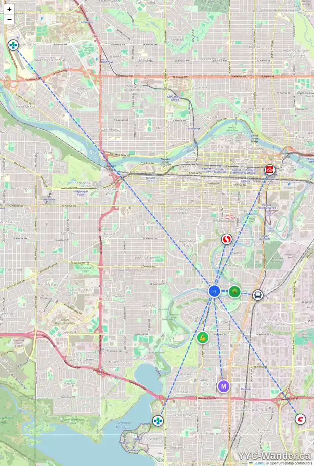Daily accessibility map for 4014 ELBOW DR SW, Calgary showing nearby schools, grocery stores, parks, LRT stations and nearby amenities