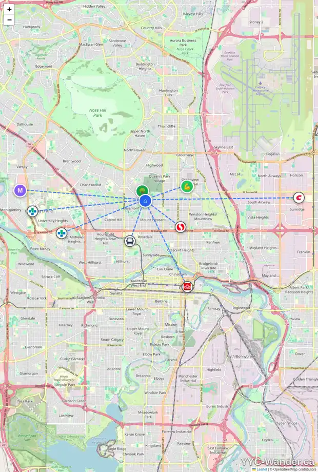 Daily accessibility map for 12 CAMBRIDGE PL NW, Calgary showing nearby schools, grocery stores, parks, LRT stations and nearby amenities