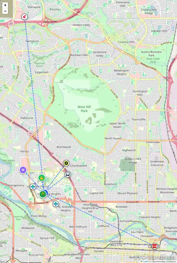 Daily accessibility map for 2419 UXBRIDGE DR NW, Calgary showing nearby schools, grocery stores, parks, LRT stations and nearby amenities