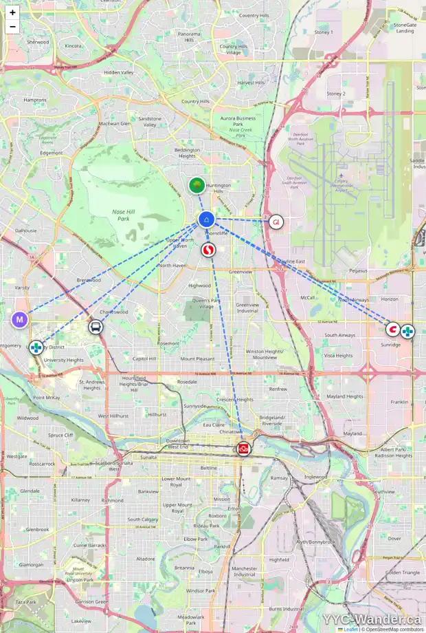Daily accessibility map for 624 63 AV NW, Calgary showing nearby schools, grocery stores, parks, LRT stations and nearby amenities