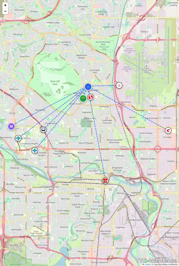 Daily accessibility map for 76 THORNABY CR NW, Calgary showing nearby schools, grocery stores, parks, LRT stations and nearby amenities
