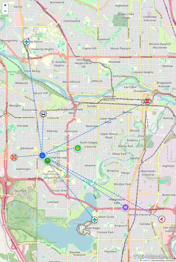 Daily accessibility map for 3736 KERRYDALE RD SW, Calgary showing nearby schools, grocery stores, parks, LRT stations and nearby amenities