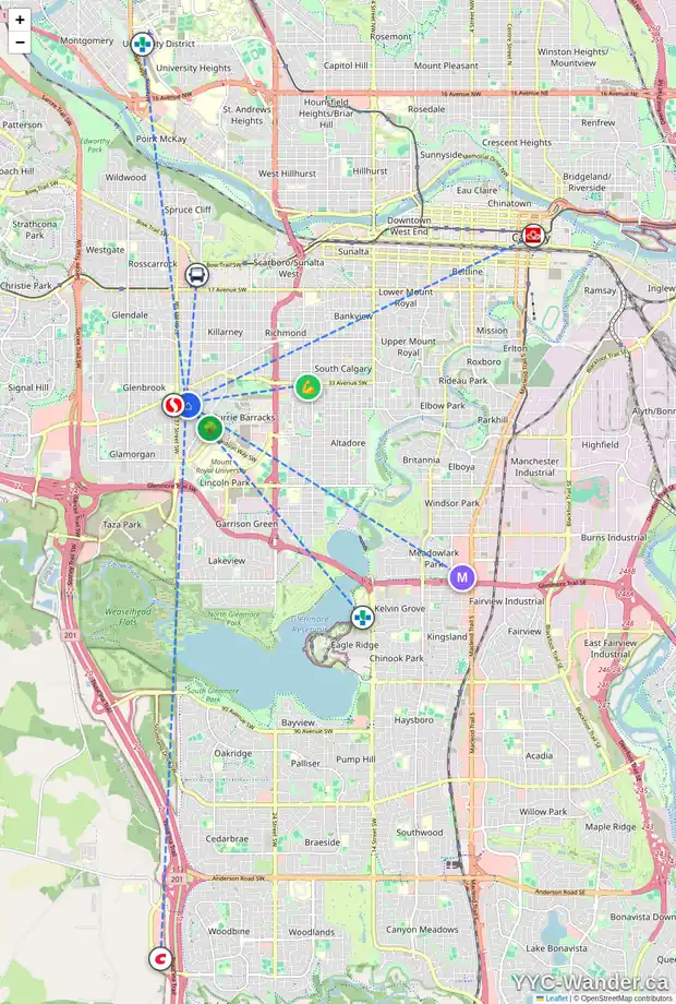 Daily accessibility map for 3735 36 AV SW, Calgary showing nearby schools, grocery stores, parks, LRT stations and nearby amenities