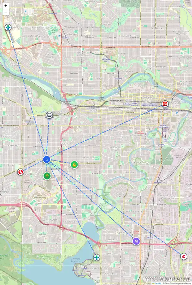 Daily accessibility map for 3231 27 ST SW, Calgary showing nearby schools, grocery stores, parks, LRT stations and nearby amenities
