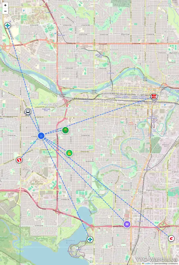 Daily accessibility map for 2629 28 ST SW, Calgary showing nearby schools, grocery stores, parks, LRT stations and nearby amenities