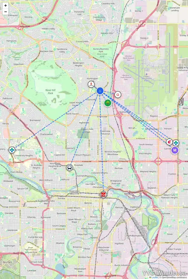 Daily accessibility map for 121 HUNTFORD CL NE, Calgary showing nearby schools, grocery stores, parks, LRT stations and nearby amenities