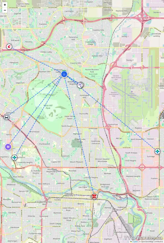Daily accessibility map for 32 SANDSTONE WY NW, Calgary showing nearby schools, grocery stores, parks, LRT stations and nearby amenities