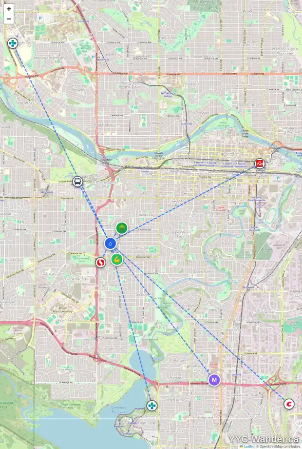 Daily accessibility map for 2221 29 AV SW, Calgary showing nearby schools, grocery stores, parks, LRT stations and nearby amenities