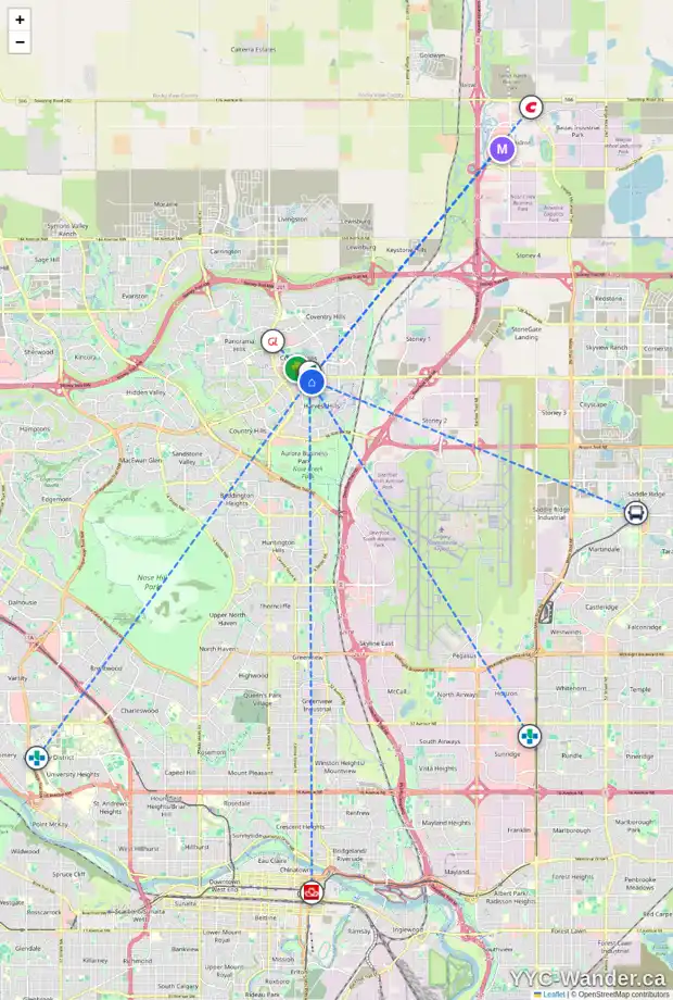 Daily accessibility map for 113 HARVEST OAK WY NE, Calgary showing nearby schools, grocery stores, parks, LRT stations and nearby amenities