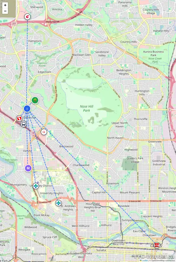 Daily accessibility map for 5312 DALHURST CR NW, Calgary showing nearby schools, grocery stores, parks, LRT stations and nearby amenities
