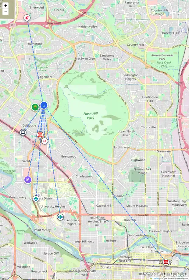 Daily accessibility map for 616 EDGEMONT BA NW, Calgary showing nearby schools, grocery stores, parks, LRT stations and nearby amenities