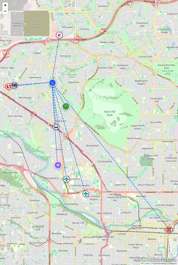 Daily accessibility map for 224 HAWKHILL CO NW, Calgary showing nearby schools, grocery stores, parks, LRT stations and nearby amenities
