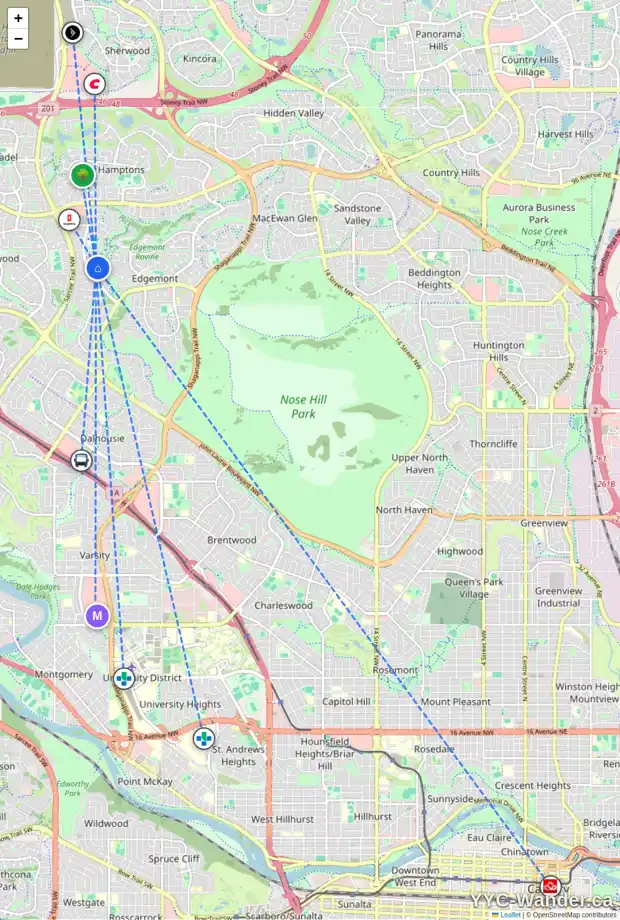 Daily accessibility map for 32 EDGEPARK CR NW, Calgary showing nearby schools, grocery stores, parks, LRT stations and nearby amenities