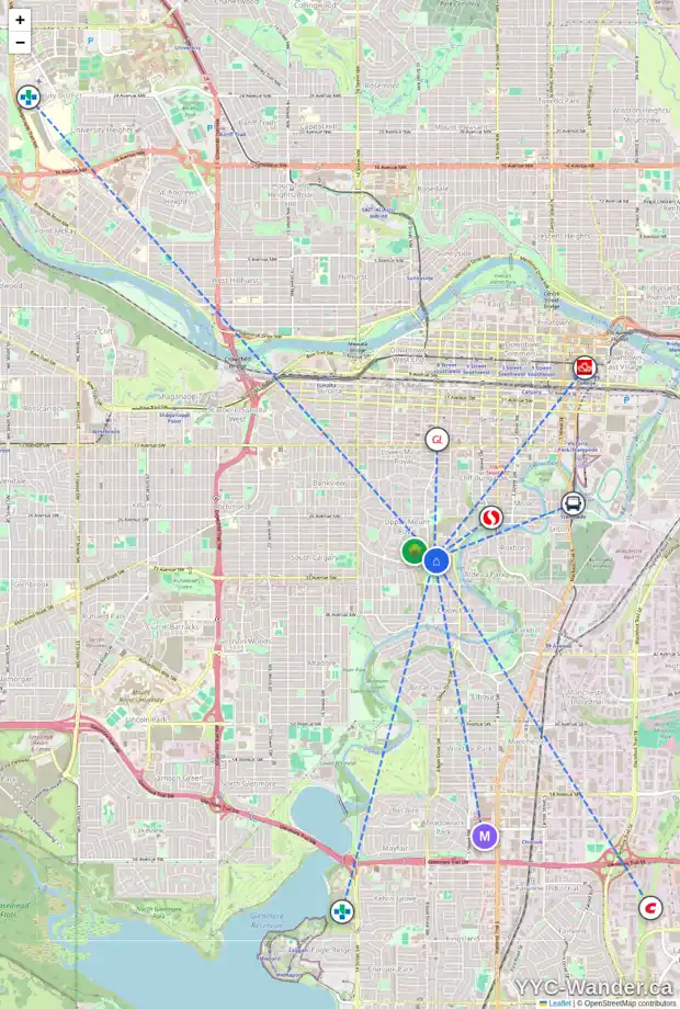 Daily accessibility map for 3209 7 ST SW, Calgary showing nearby schools, grocery stores, parks, LRT stations and nearby amenities
