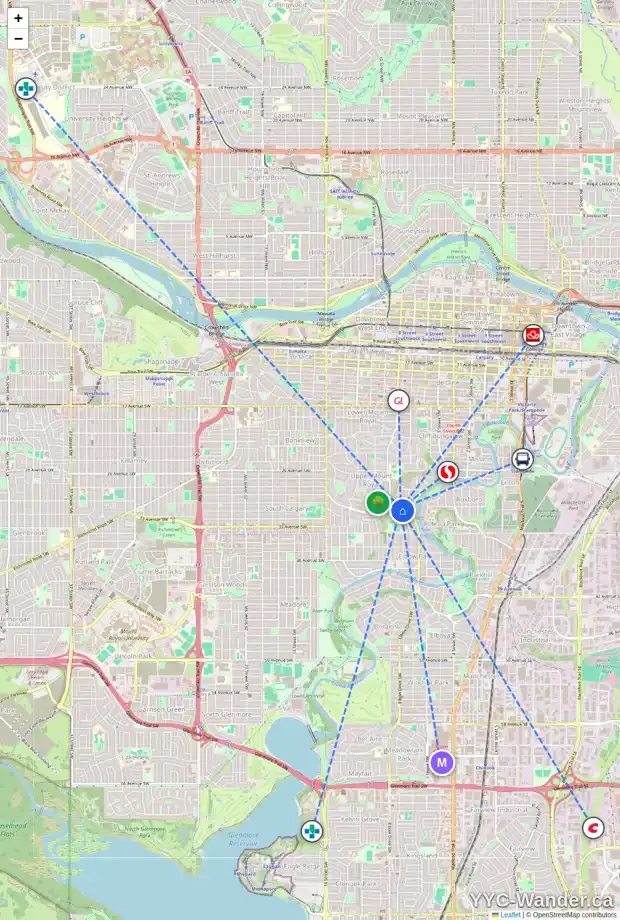Daily accessibility map for 3208 7 ST SW, Calgary showing nearby schools, grocery stores, parks, LRT stations and nearby amenities