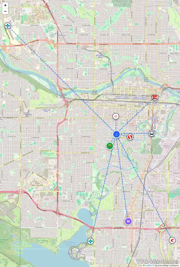 Daily accessibility map for 832 HILLCREST AV SW, Calgary showing nearby schools, grocery stores, parks, LRT stations and nearby amenities