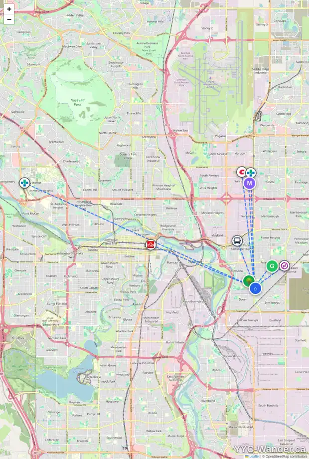 Daily accessibility map for 74 DOVERCLIFFE WY SE, Calgary showing nearby schools, grocery stores, parks, LRT stations and nearby amenities