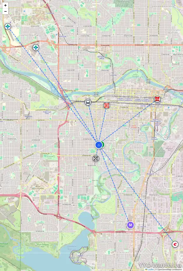 Daily accessibility map for 2921 WOLFE ST SW, Calgary showing nearby schools, grocery stores, parks, LRT stations and nearby amenities