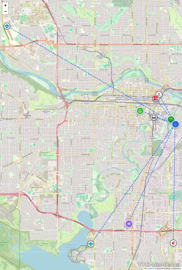Daily accessibility map for 612 BURNS AV SE, Calgary showing nearby schools, grocery stores, parks, LRT stations and nearby amenities