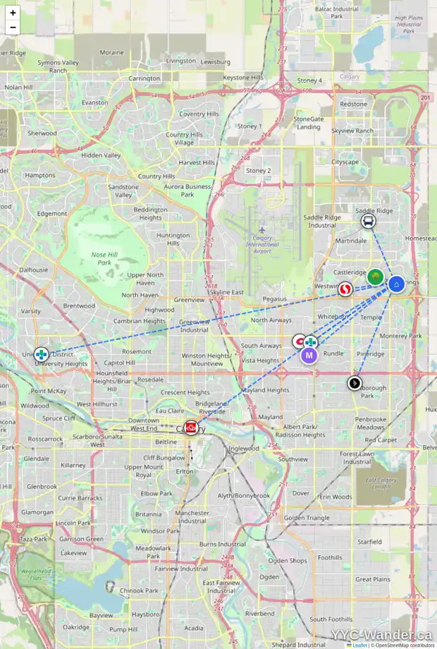 Daily accessibility map for 5186 CORAL SHORES DR NE, Calgary showing nearby schools, grocery stores, parks, LRT stations and nearby amenities