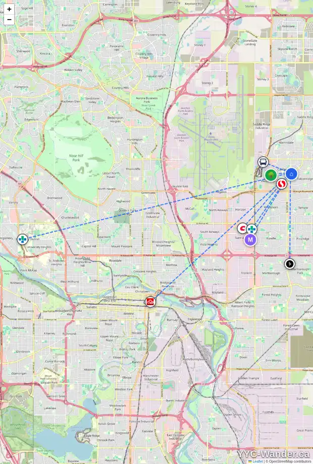 Daily accessibility map for 91 CASTLEGLEN CR NE, Calgary showing nearby schools, grocery stores, parks, LRT stations and nearby amenities