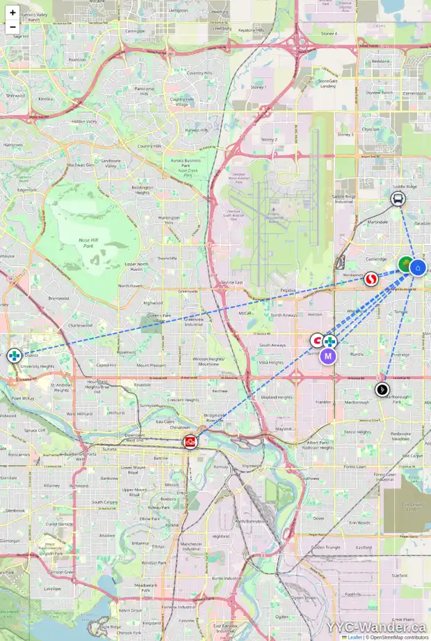 Daily accessibility map for 151 FALTON CL NE, Calgary showing nearby schools, grocery stores, parks, LRT stations and nearby amenities