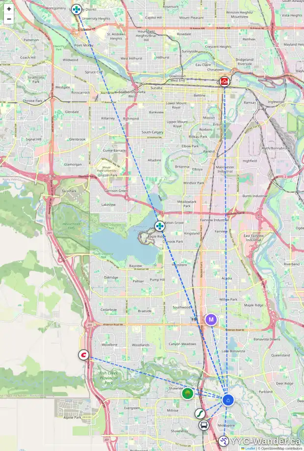 Daily accessibility map for 24 MIDRIDGE BA SE, Calgary showing nearby schools, grocery stores, parks, LRT stations and nearby amenities