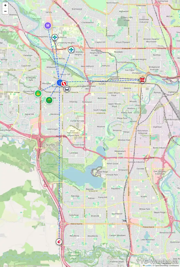 Daily accessibility map for 911 39 ST SW, Calgary showing nearby schools, grocery stores, parks, LRT stations and nearby amenities