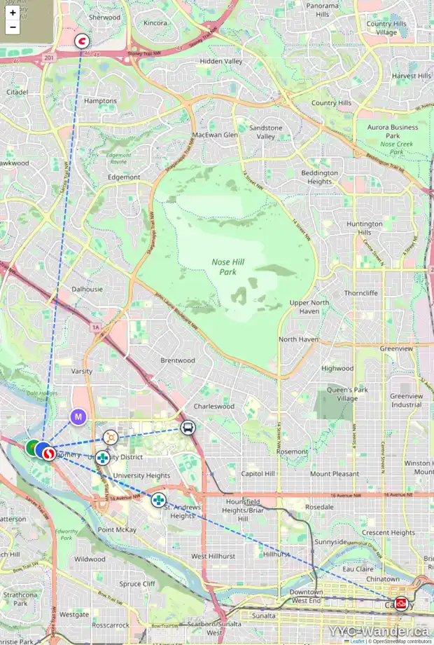 Daily accessibility map for 5130 BOWNESS RD NW, Calgary showing nearby schools, grocery stores, parks, LRT stations and nearby amenities