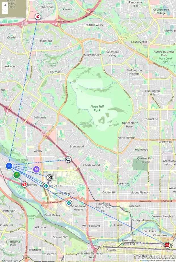 Daily accessibility map for 6224 BOWWOOD DR NW, Calgary showing nearby schools, grocery stores, parks, LRT stations and nearby amenities