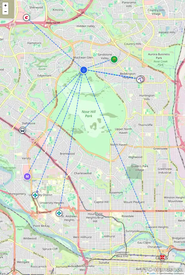 Daily accessibility map for 6 MACEWAN PARK VW NW, Calgary showing nearby schools, grocery stores, parks, LRT stations and nearby amenities