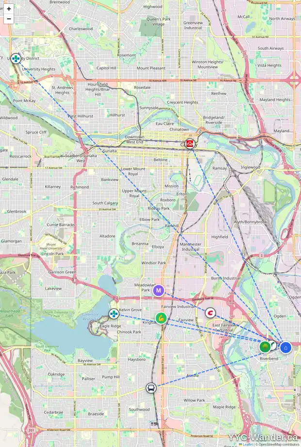 Daily accessibility map for 12 RIVERCREST CL SE, Calgary showing nearby schools, grocery stores, parks, LRT stations and nearby amenities