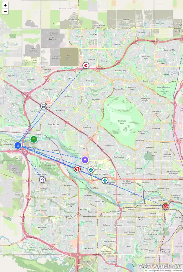 Daily accessibility map for 10818 VALLEY SPRINGS RD NW, Calgary showing nearby schools, grocery stores, parks, LRT stations and nearby amenities