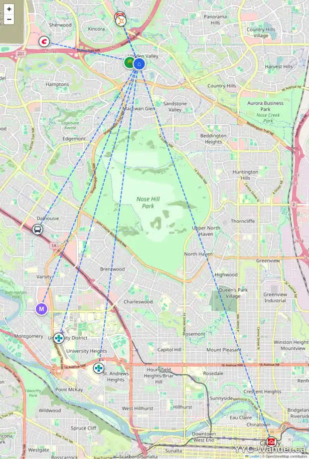Daily accessibility map for 92 HIDDEN RIDGE CL NW, Calgary showing nearby schools, grocery stores, parks, LRT stations and nearby amenities