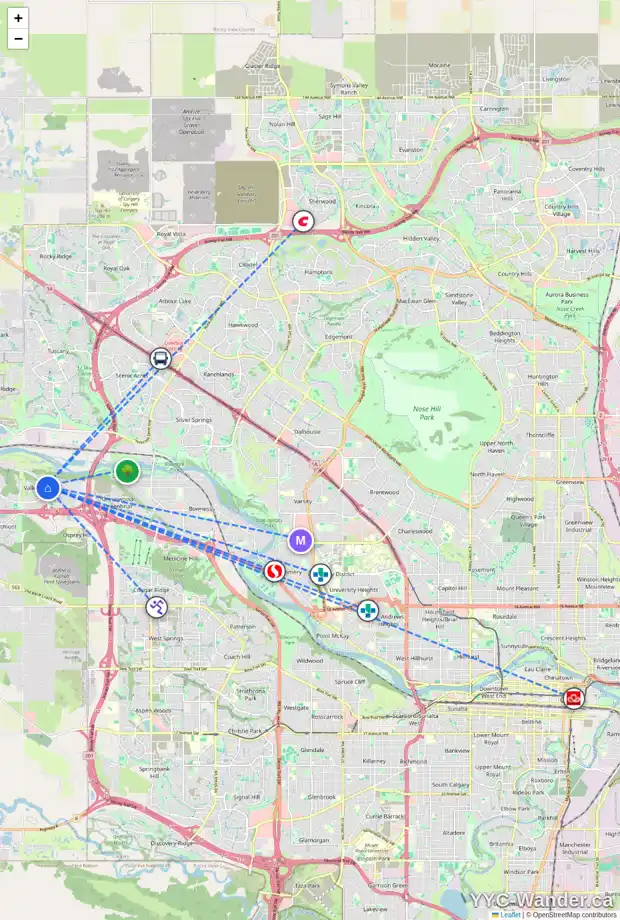Daily accessibility map for 42 VALLEY RIDGE PT NW, Calgary showing nearby schools, grocery stores, parks, LRT stations and nearby amenities