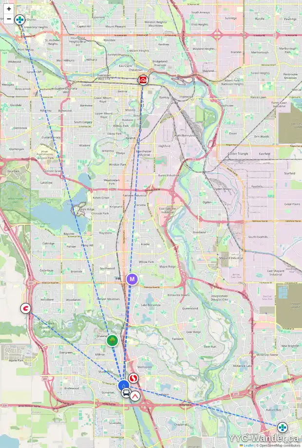 Daily accessibility map for 62 SOMERVALE GR SW, Calgary showing nearby schools, grocery stores, parks, LRT stations and nearby amenities