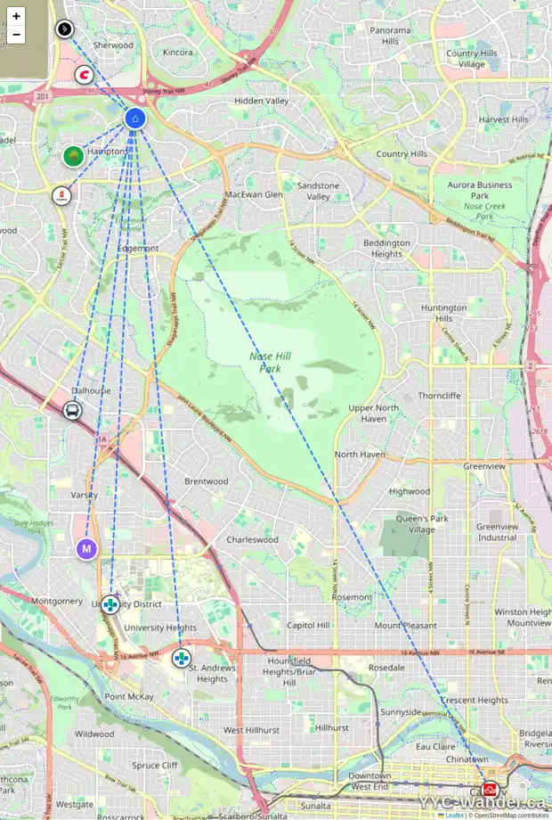 Daily accessibility map for 19 HAMPTONS BA NW, Calgary showing nearby schools, grocery stores, parks, LRT stations and nearby amenities
