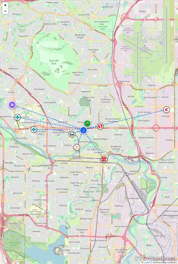 Daily accessibility map for 1612 7A ST NW, Calgary showing nearby schools, grocery stores, parks, LRT stations and nearby amenities